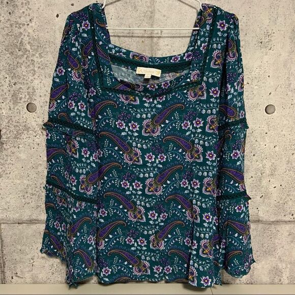 🆕 Suzanne Betro Floral Paisley Bell Sleeve Top Square Neck - Picture 4 of 9